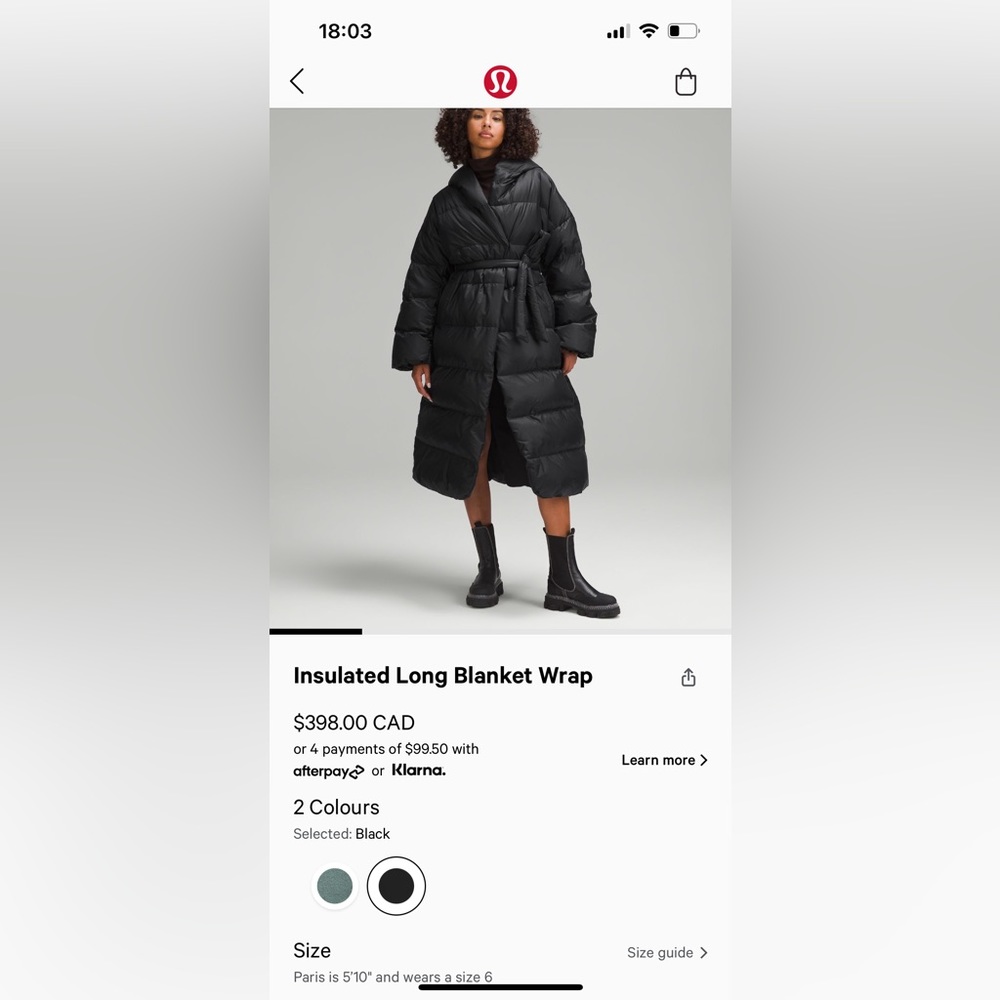 Lululemon - Long Line Insulted Blanket Coat - Black - Size 6 - BRAND NEW